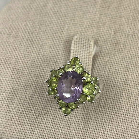 Vintage SETA Sterling Silver Amethyst & Peridot Cluster Ring Size 5 - Picture 5 of 16